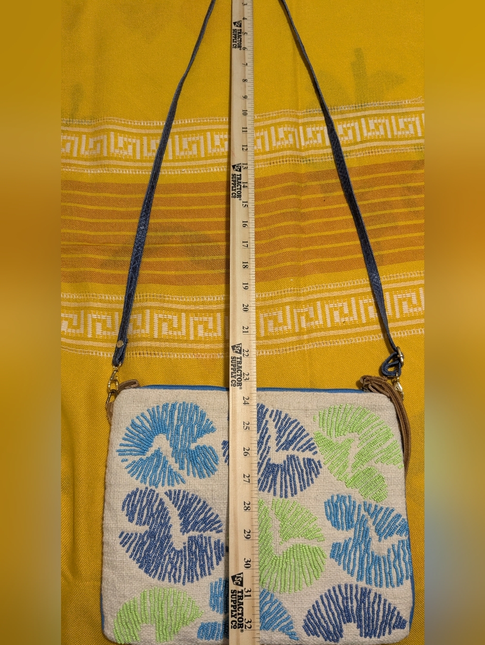 Alex Max Blue Green Seed Beaded Cotton Leather Straw Crossbody Clutch Bag